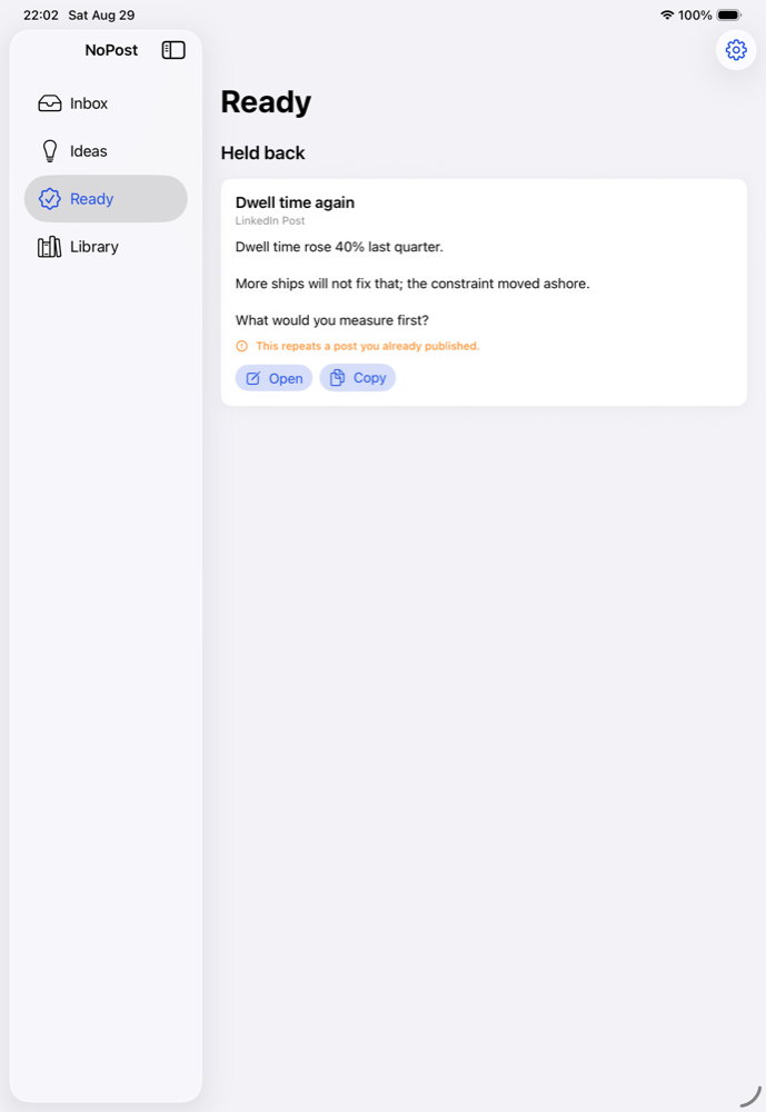 NoPost on iPad: a post held back with ‘This repeats a post you already published.’